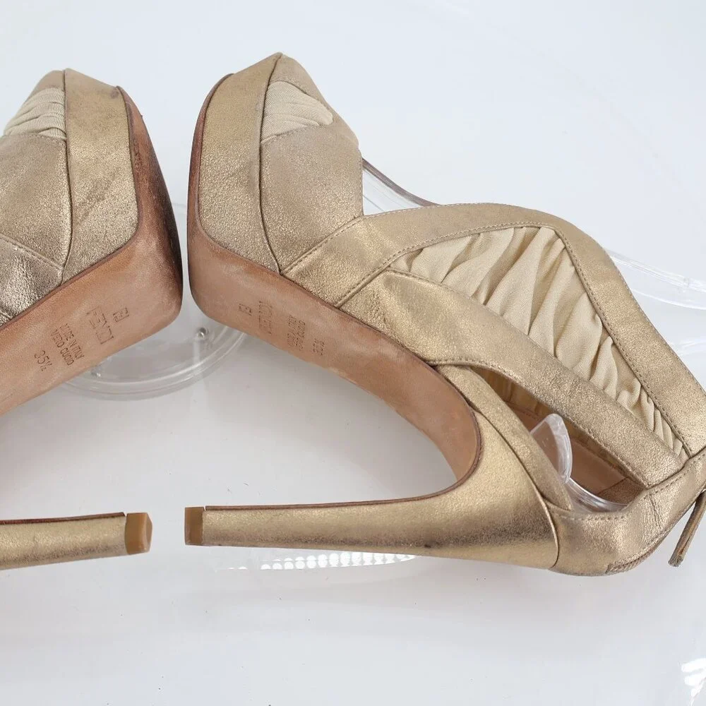 Fendi Heels Women's Size 5.5 Gold Metallic Leather Fabric Platform - Picture 10 of 13